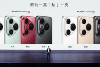 Huawei Pura80 Pro and Pro+ smartphones in four colors: white, green, red, and black, displayed on stage.