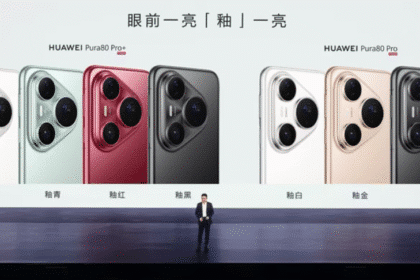 Huawei Pura80 Pro and Pro+ smartphones in four colors: white, green, red, and black, displayed on stage.